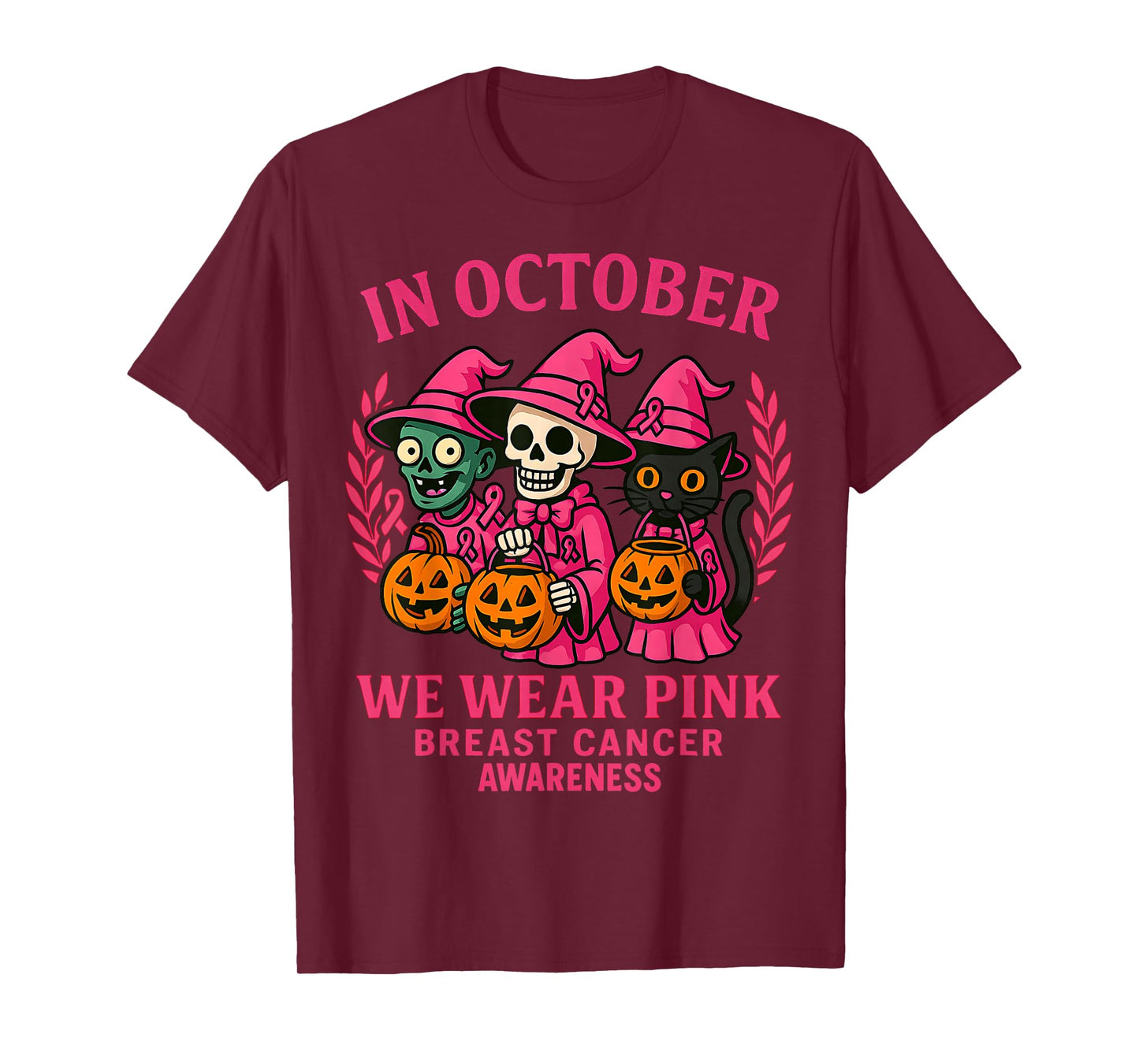 in October We Wear Pink Funny Zombie Skeleton & Black Cat T-Shirt