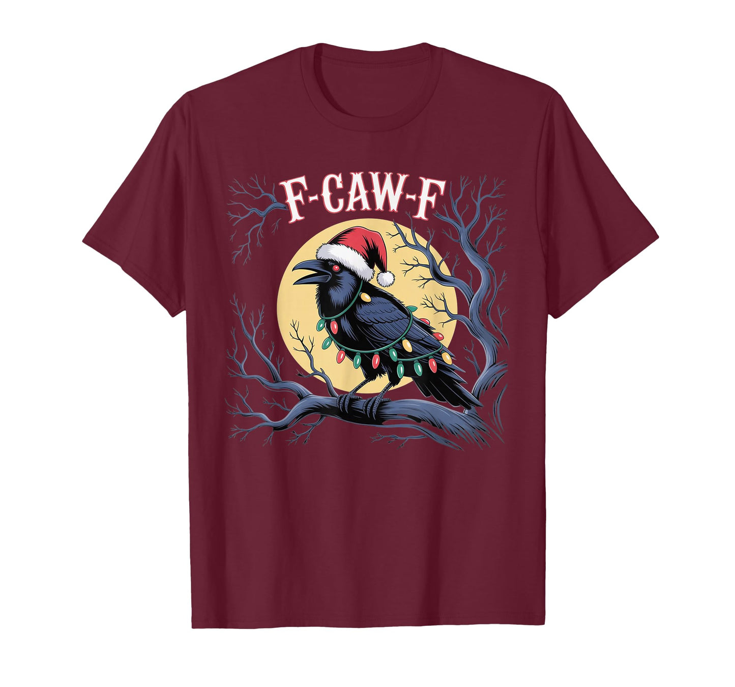 Black Crow F-Caw-F Funny Retro Christmas Lights Santa hat T-Shirt
