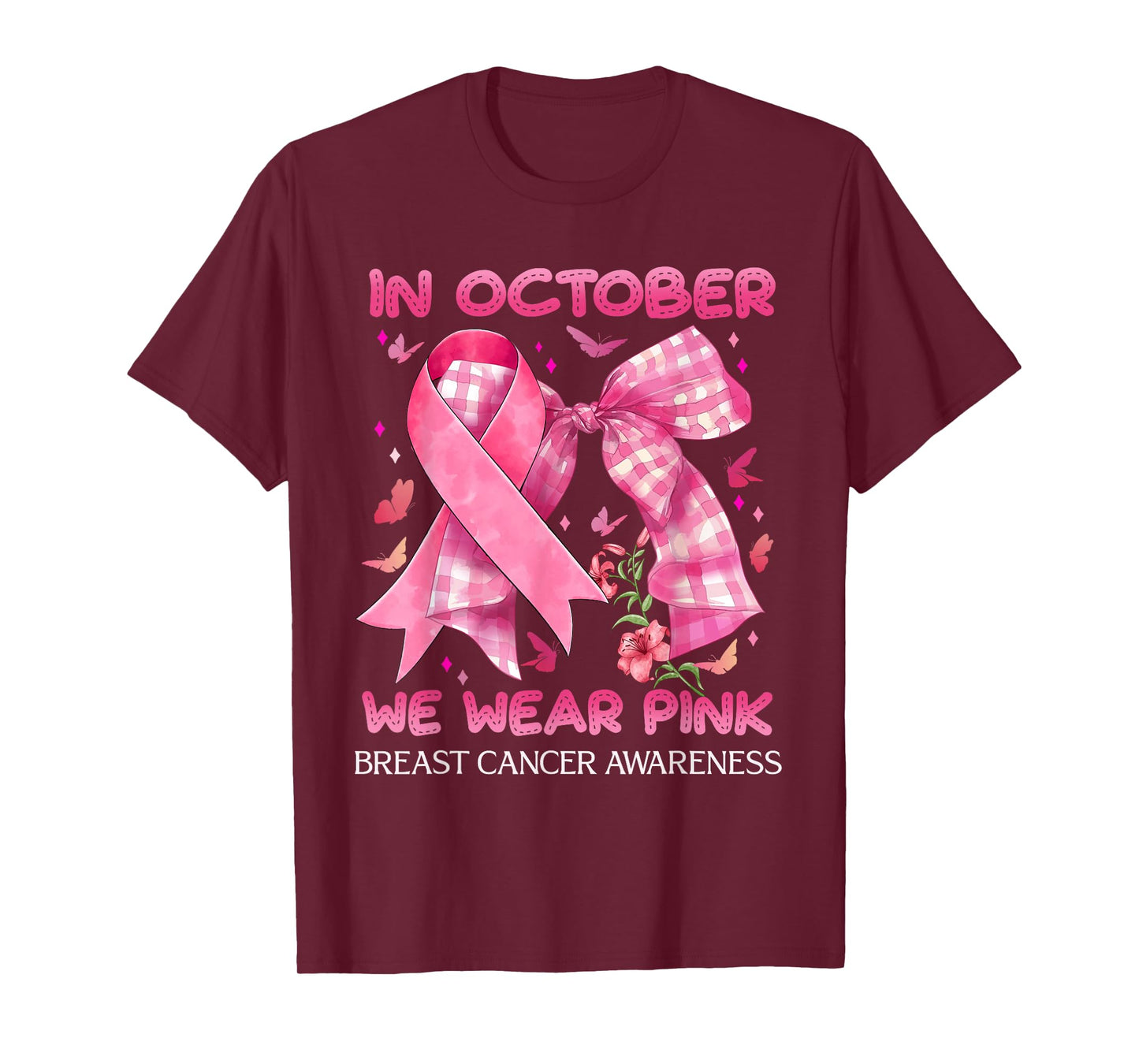 in October We Wear Pink Coquette Bow Breast Cancer Awareness T-Shirt