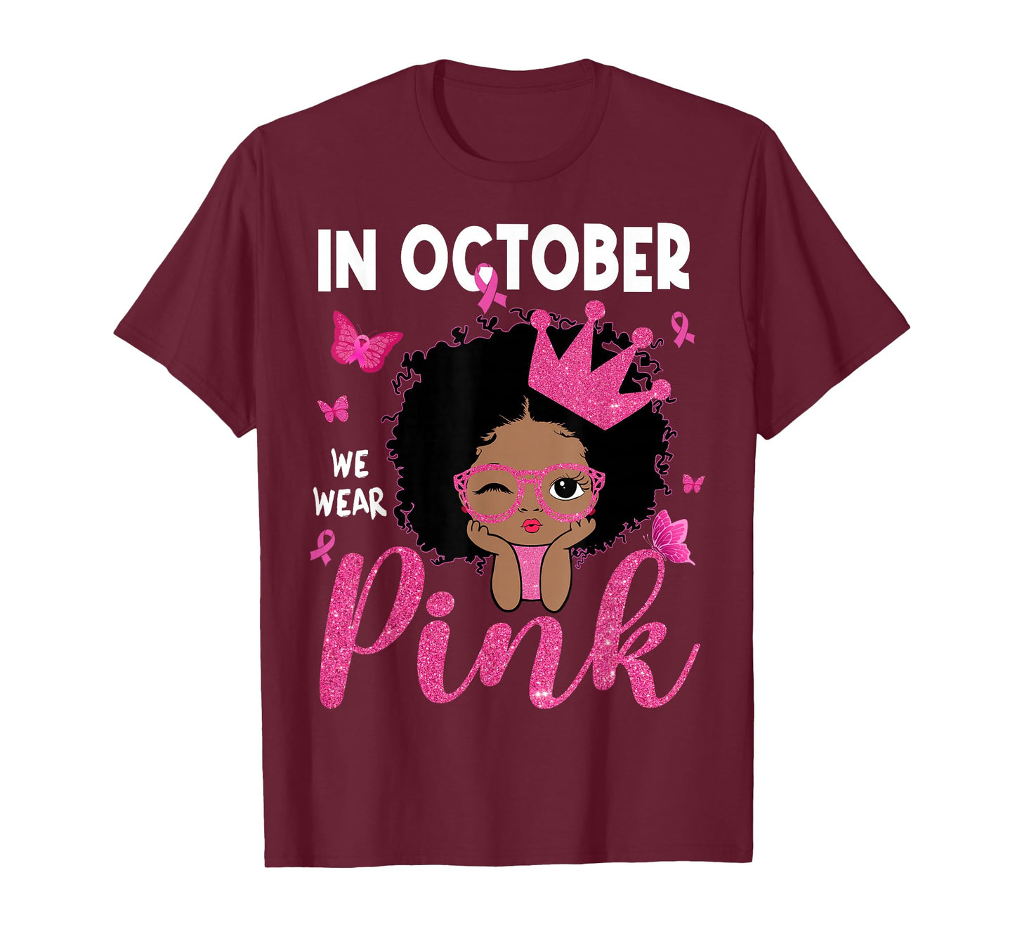 in October We Wear Pink Breast Cancer Black Afro Girls Kids T-Shirt