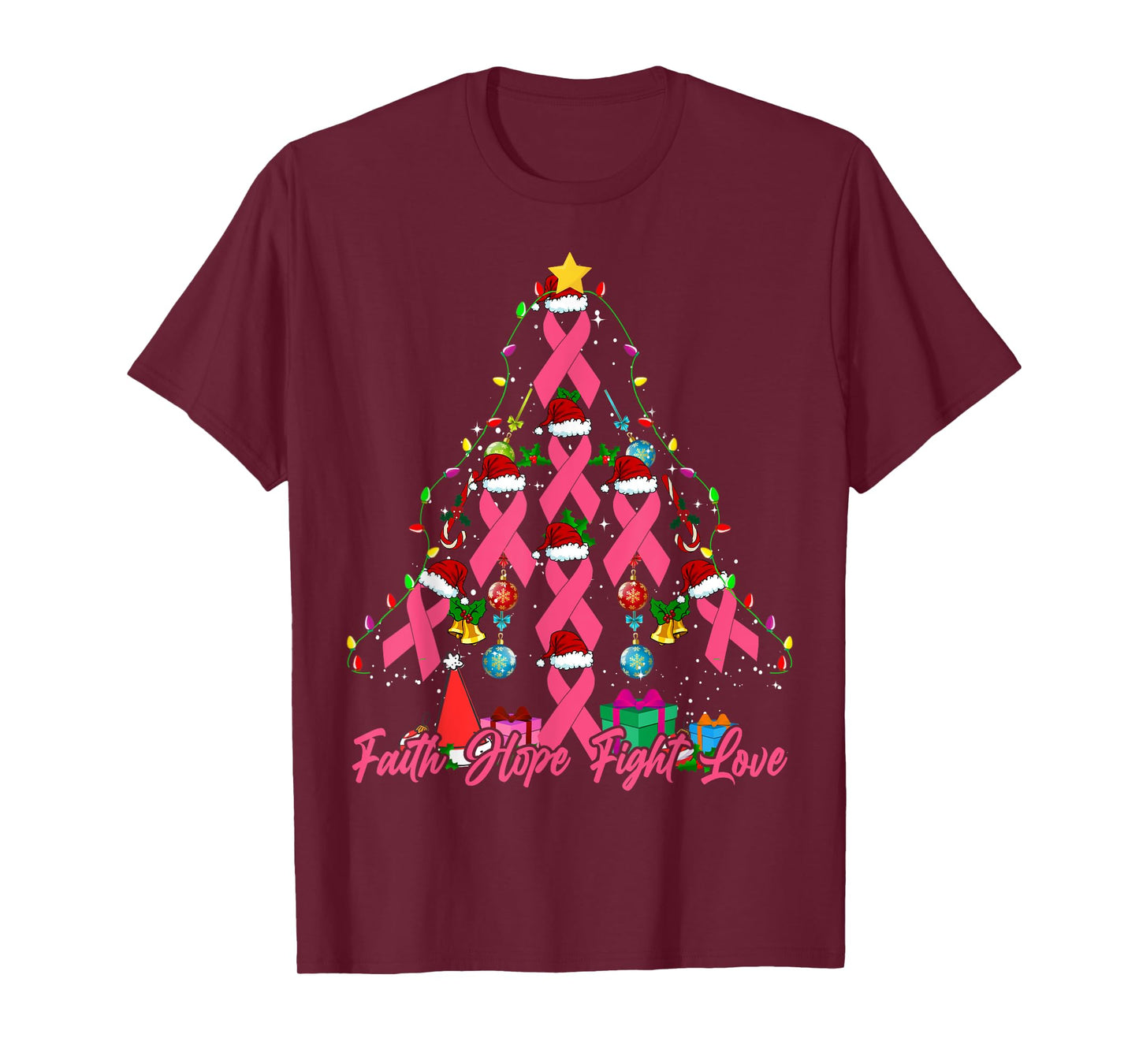 Santa Pink Ribbon Christmas Tree Breast Cancer Awareness T-Shirt