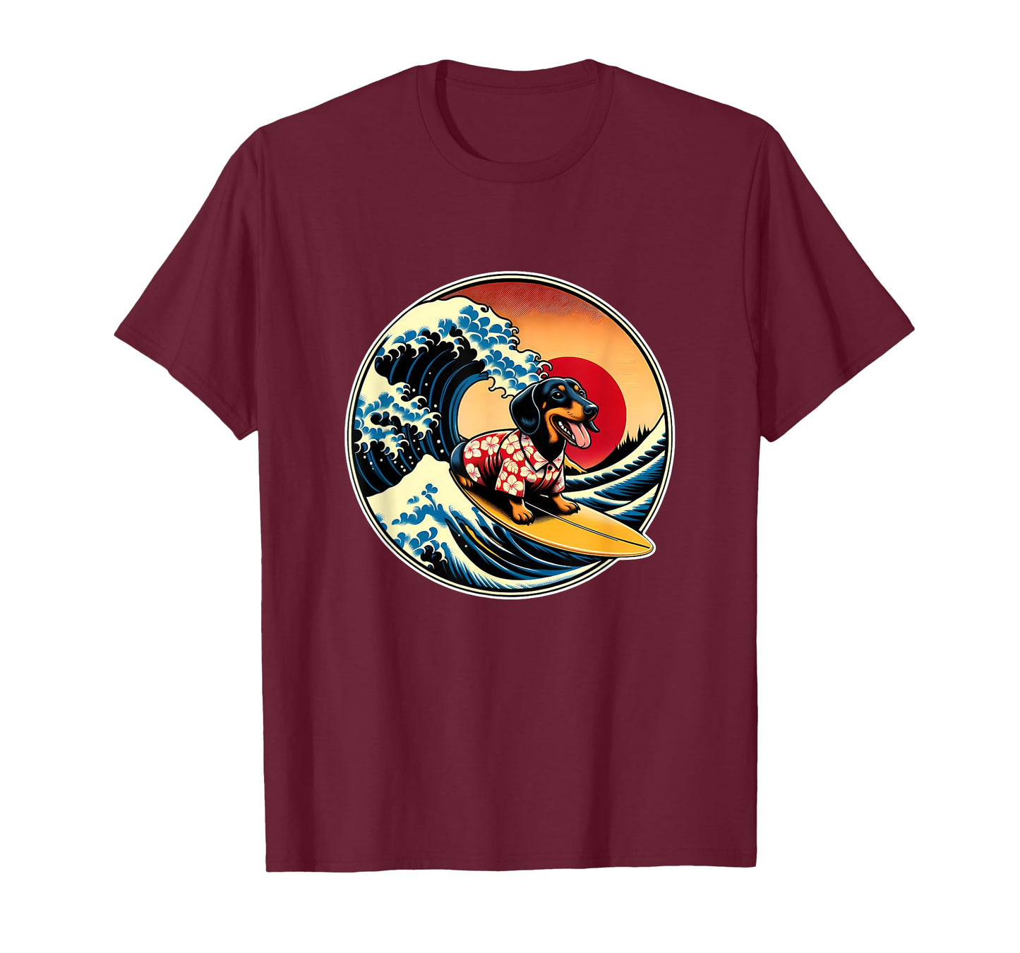 Great Wave Kanagawa Weiner Dachshund Dog Surfing Men Women Kids T-Shirt