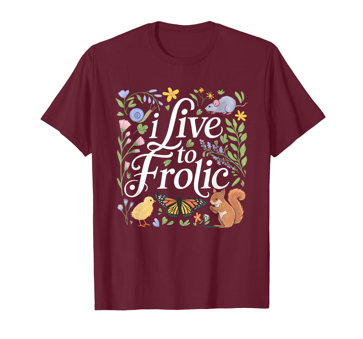 Frolic Nature Animals Flowers Squirrel Chick Butterfly Art T-Shirt