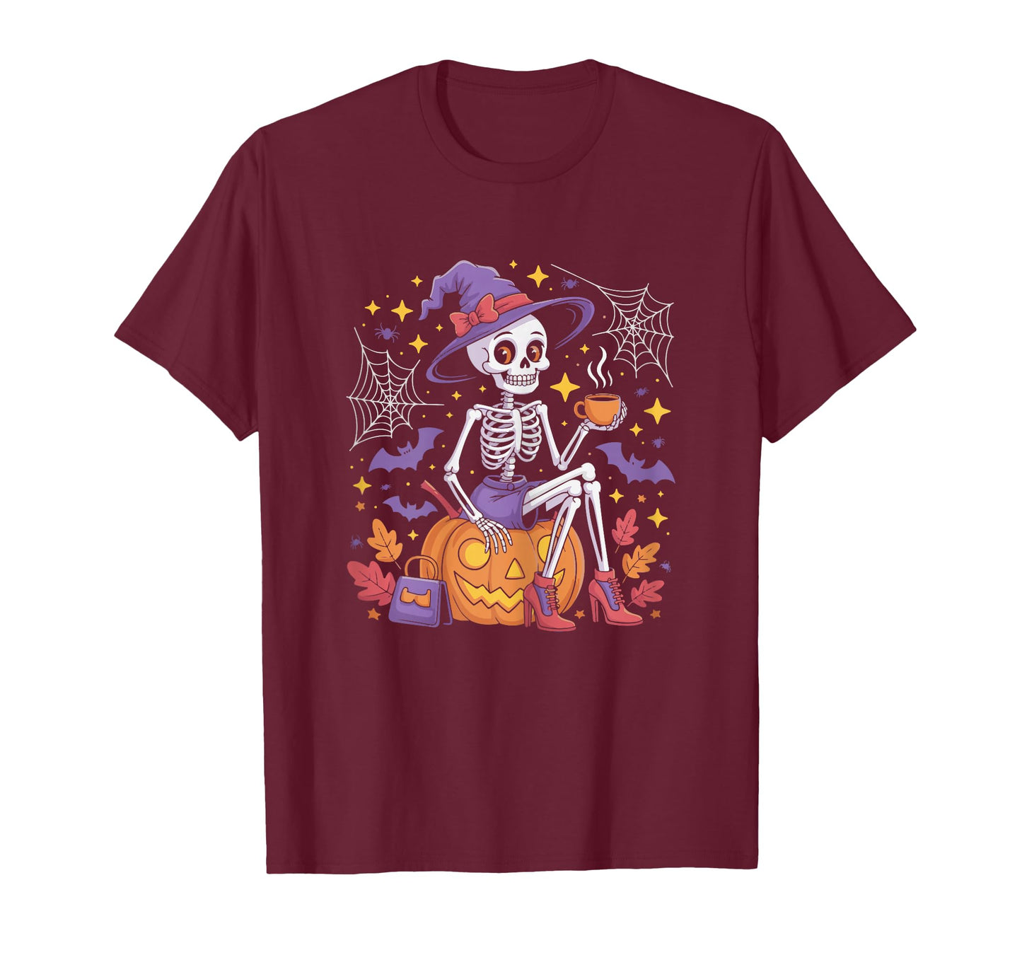 Spooky Skeleton Coffee Witch Hat Halloween Outfit Women T-Shirt