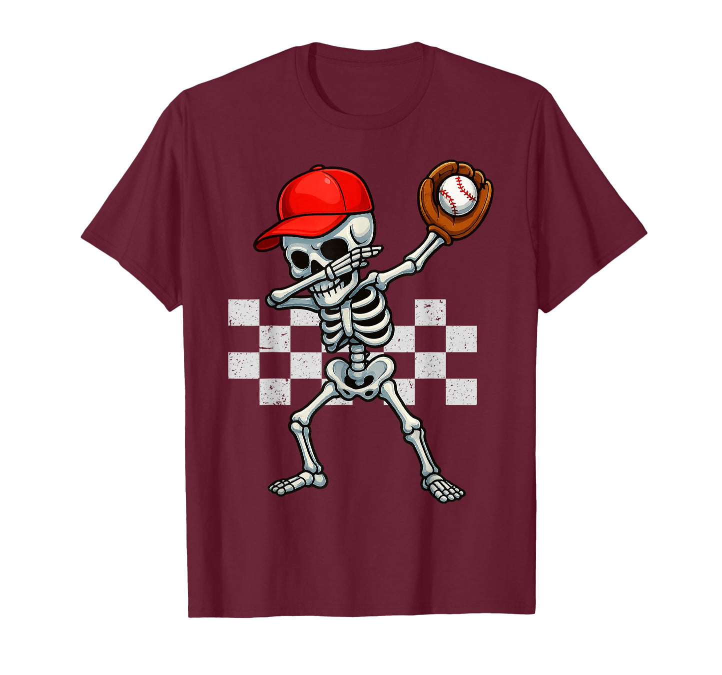 Baseball Skeleton Dabbing Checkered Sports Player T-Shirt