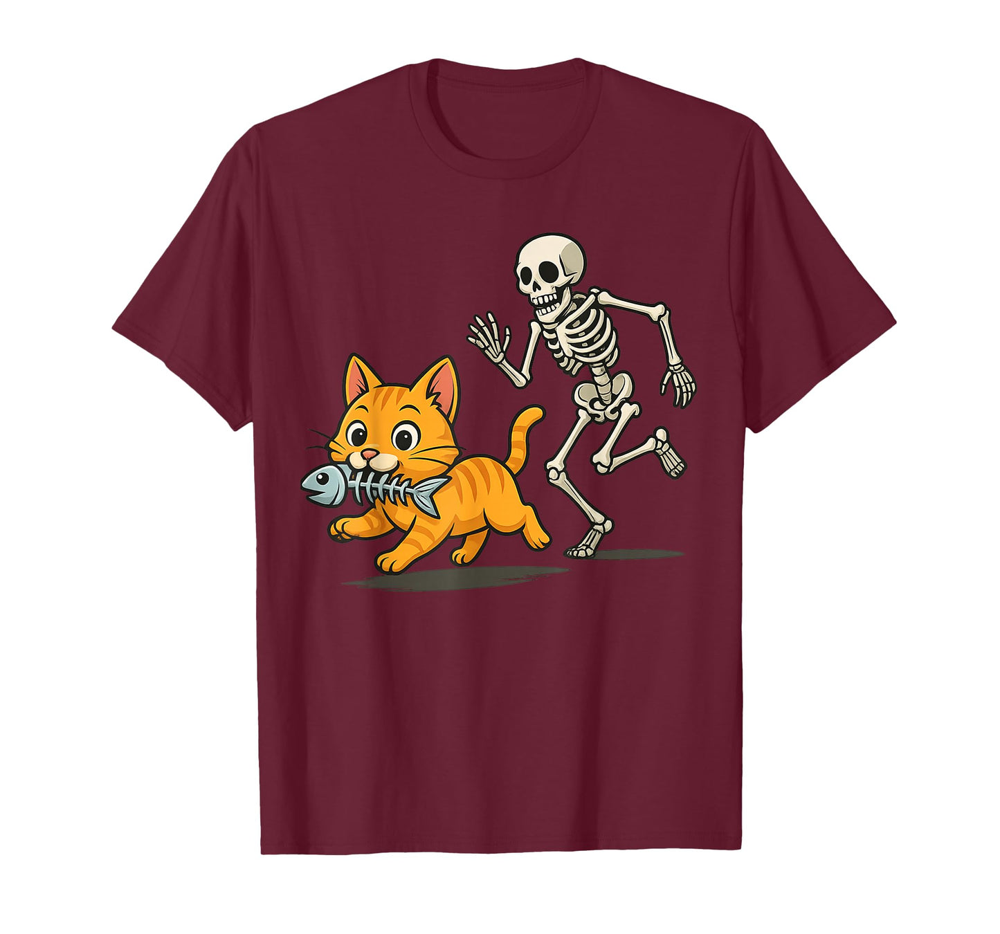 Funny Cat and Skeleton Chase Halloween Design for Pet Lovers T-Shirt