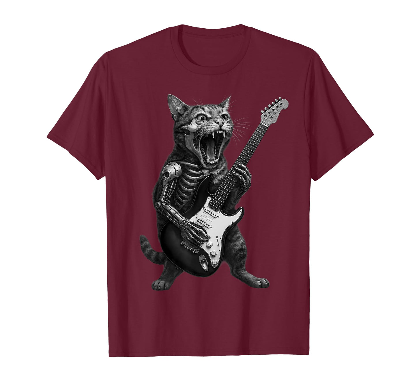 Cyborg Skeleton Cat Playing Guitar Rock and Roll Music Band T-Shirt