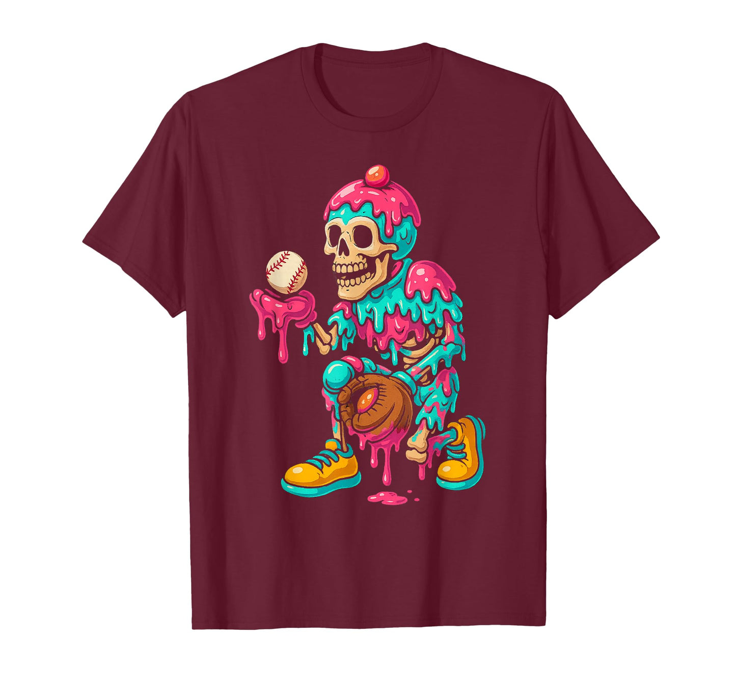Skeleton Halloween Baseball Ice Cream Drip Spooky Boys Youth T-Shirt
