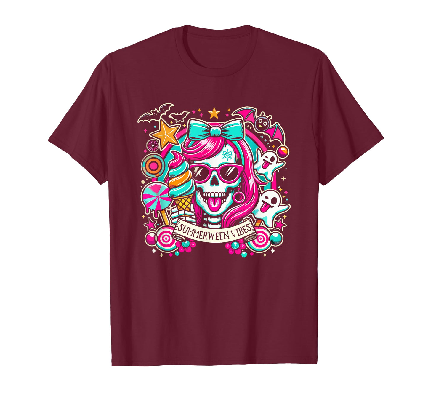 Summerween Vibes Skeleton Spooky Vacation Halloween Summer T-Shirt for Men Women Kids