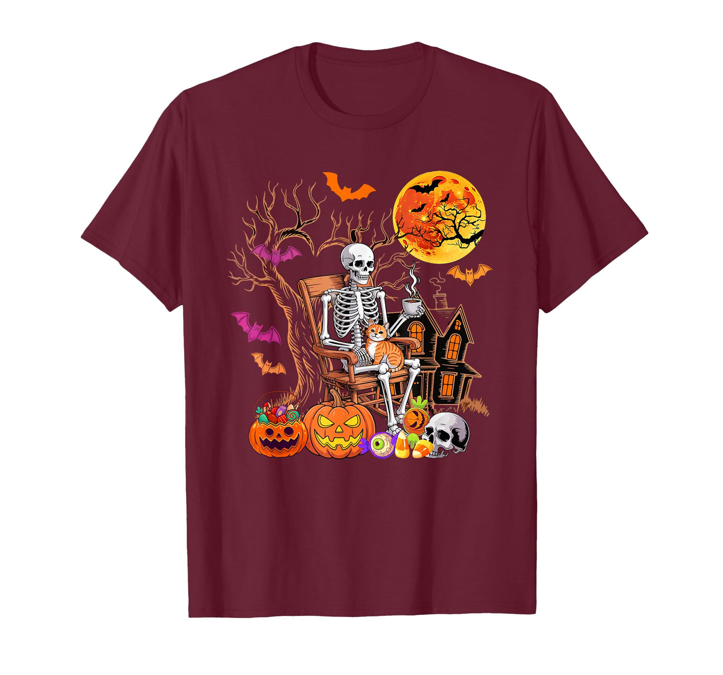 Skeleton Drinking Coffee Halloween Carved Pumpkin Lover T-Shirt