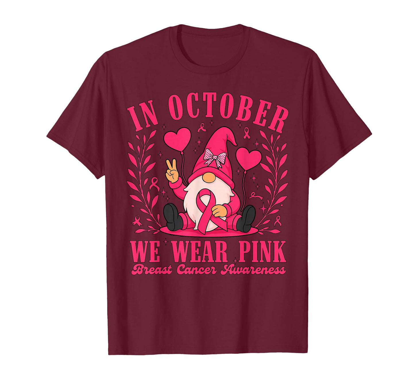 in October We Wear Pink Ribbon Gnome Breast Cancer Women T-Shirt