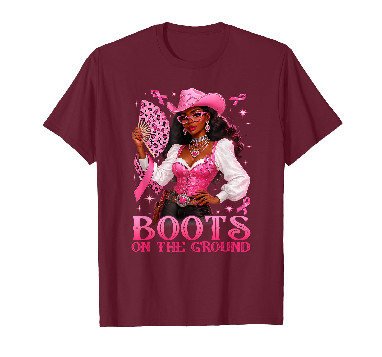 Boots On The Ground Pink Cowgirl Breast Cancer Western Women T-Shirt