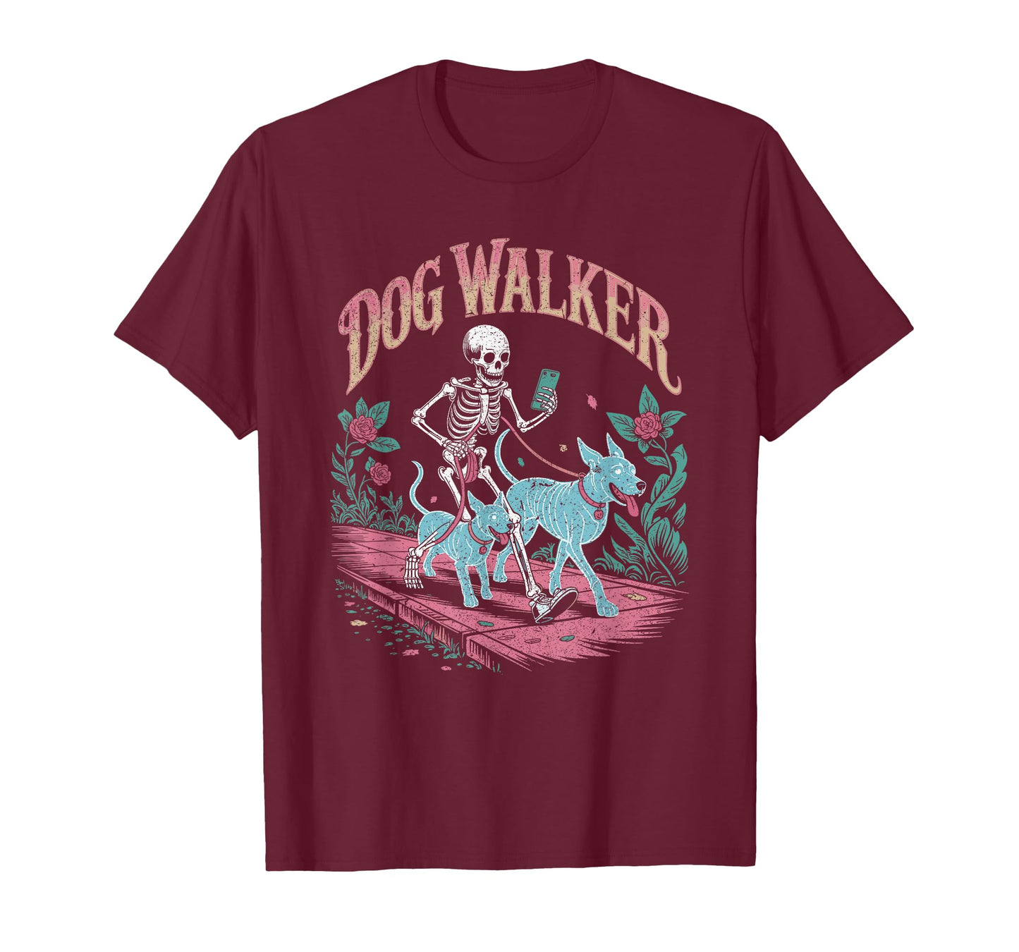 Skeleton Dog Walker with Ghost Dogs Funny Halloween Spooky T-Shirt
