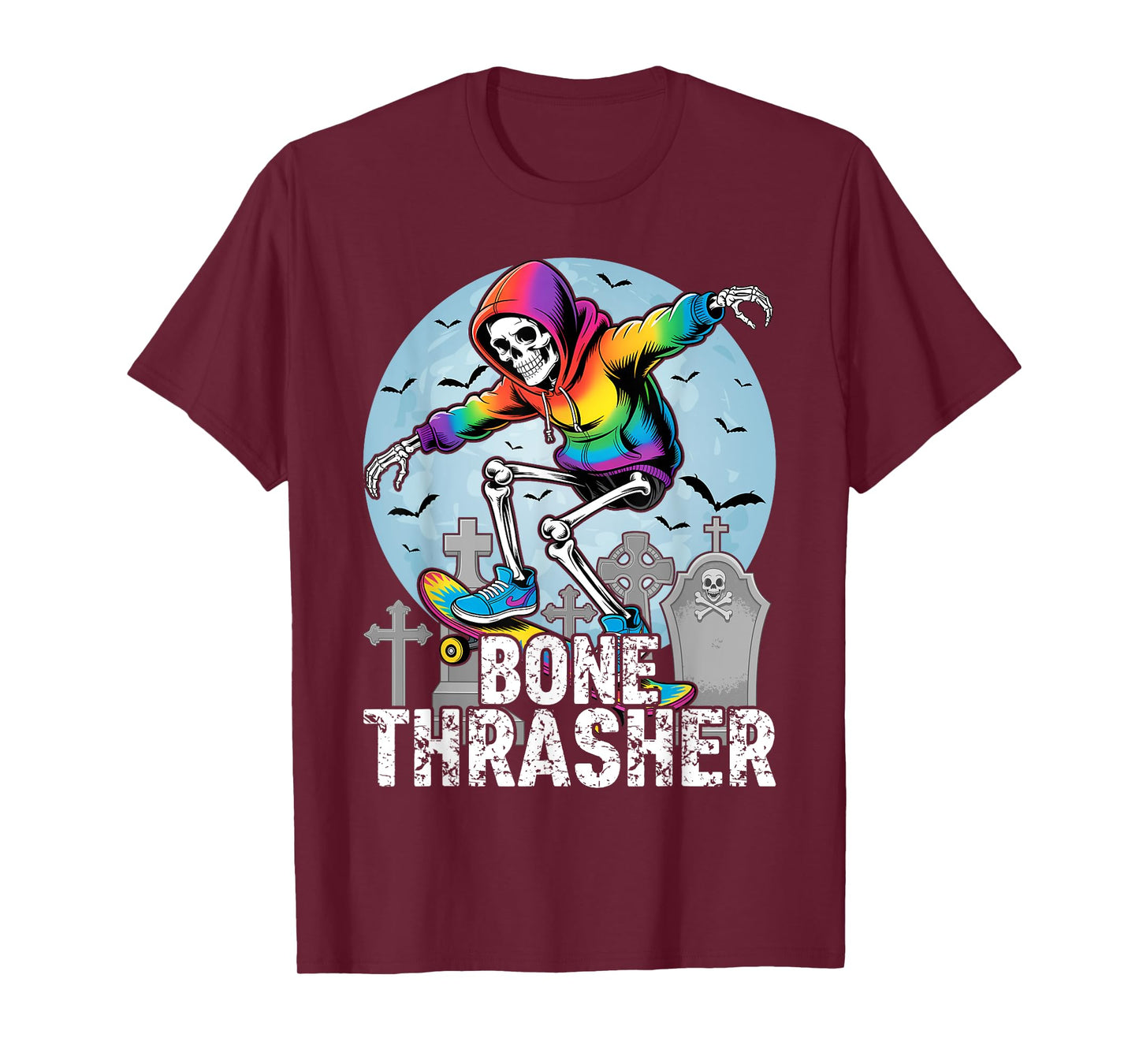 Bone Thrasher, Funny Skeleton Skateboarder Halloween T-Shirt