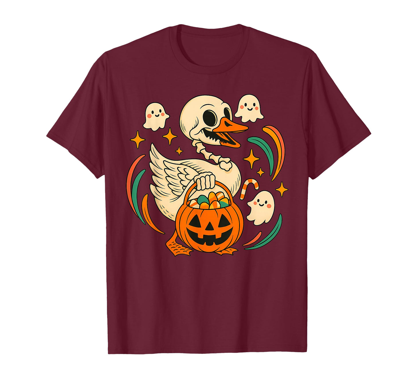 Halloween Goose Skeleton with Witch Hat Pumpkin Candy Bucket T-Shirt