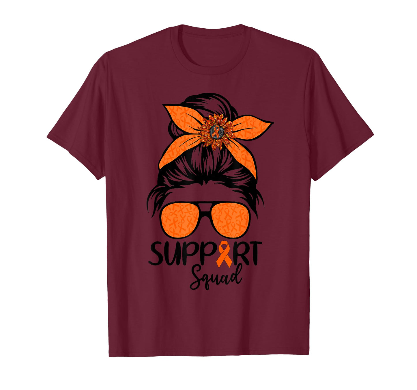 Women Messy Bun Orange Support Squad Kidney Cancer Awareness T-Shirt