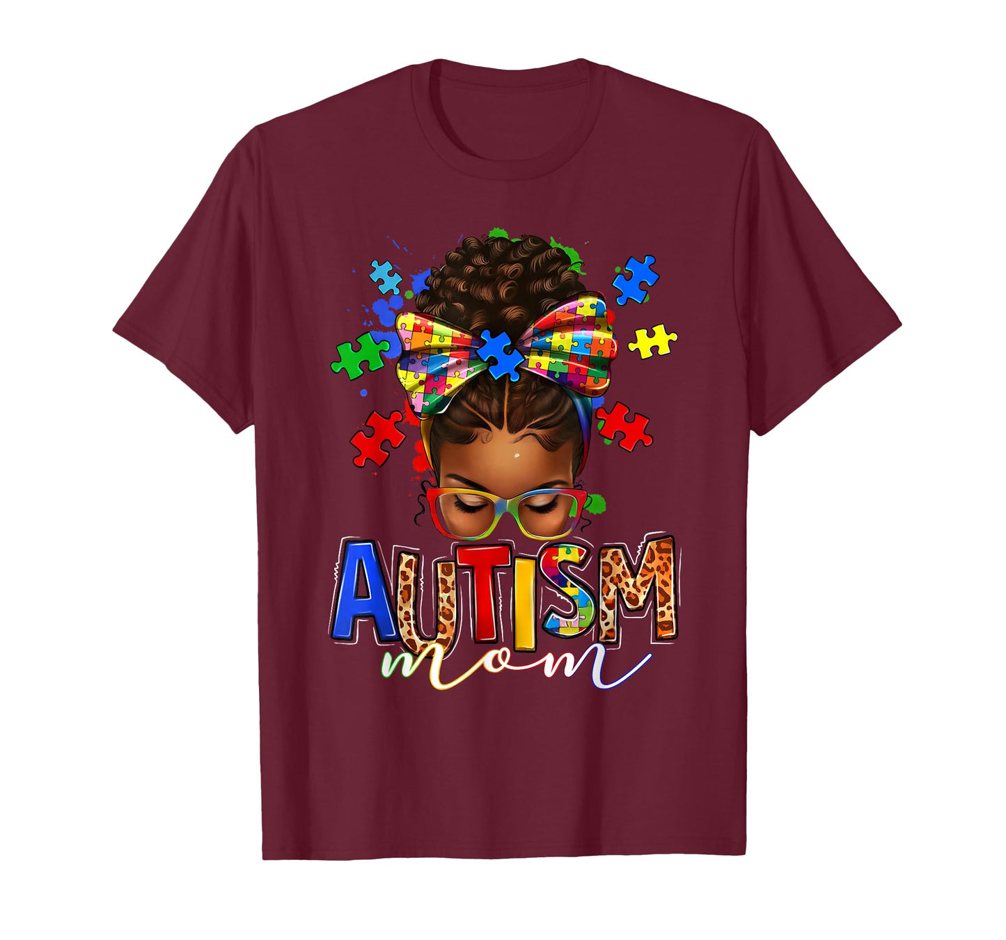 Autism Mom Messy Bun Black Women Autism Awareness Puzzle T-Shirt