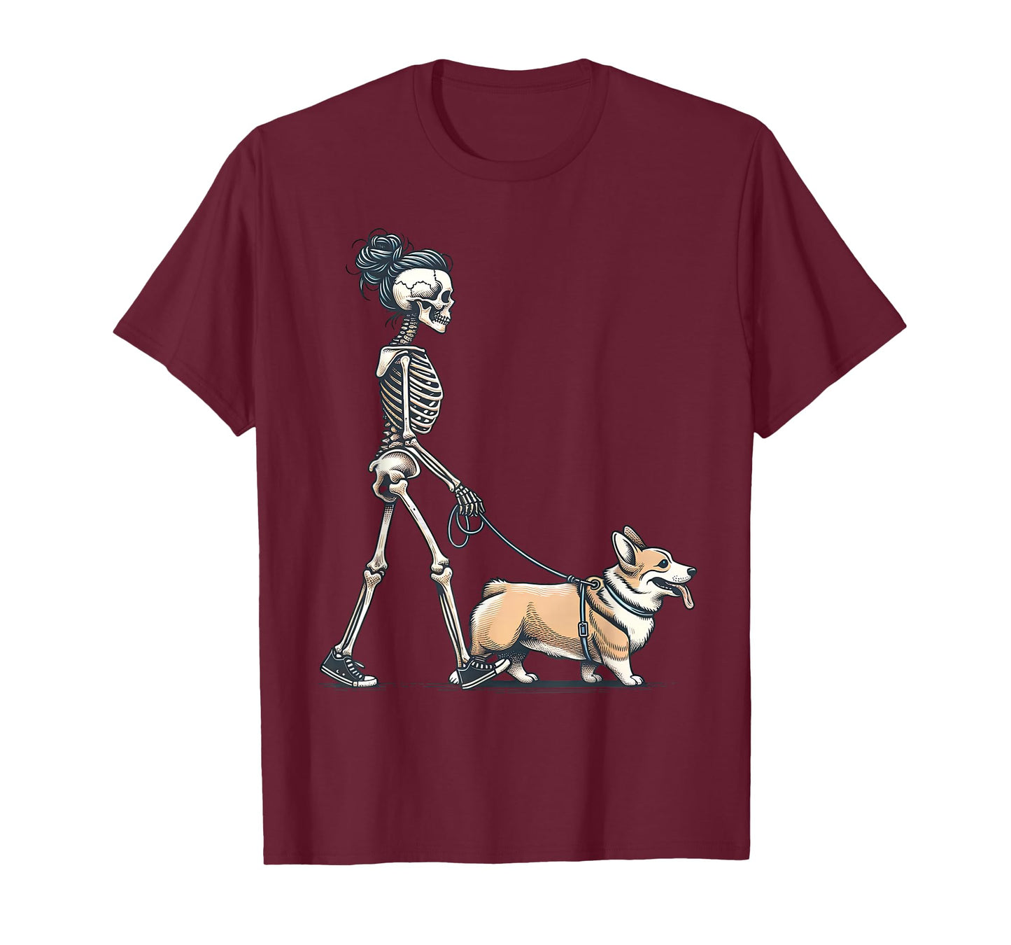 Retro Skeleton Mom Walking Corgi Dog Halloween Puppy Lover T-Shirt