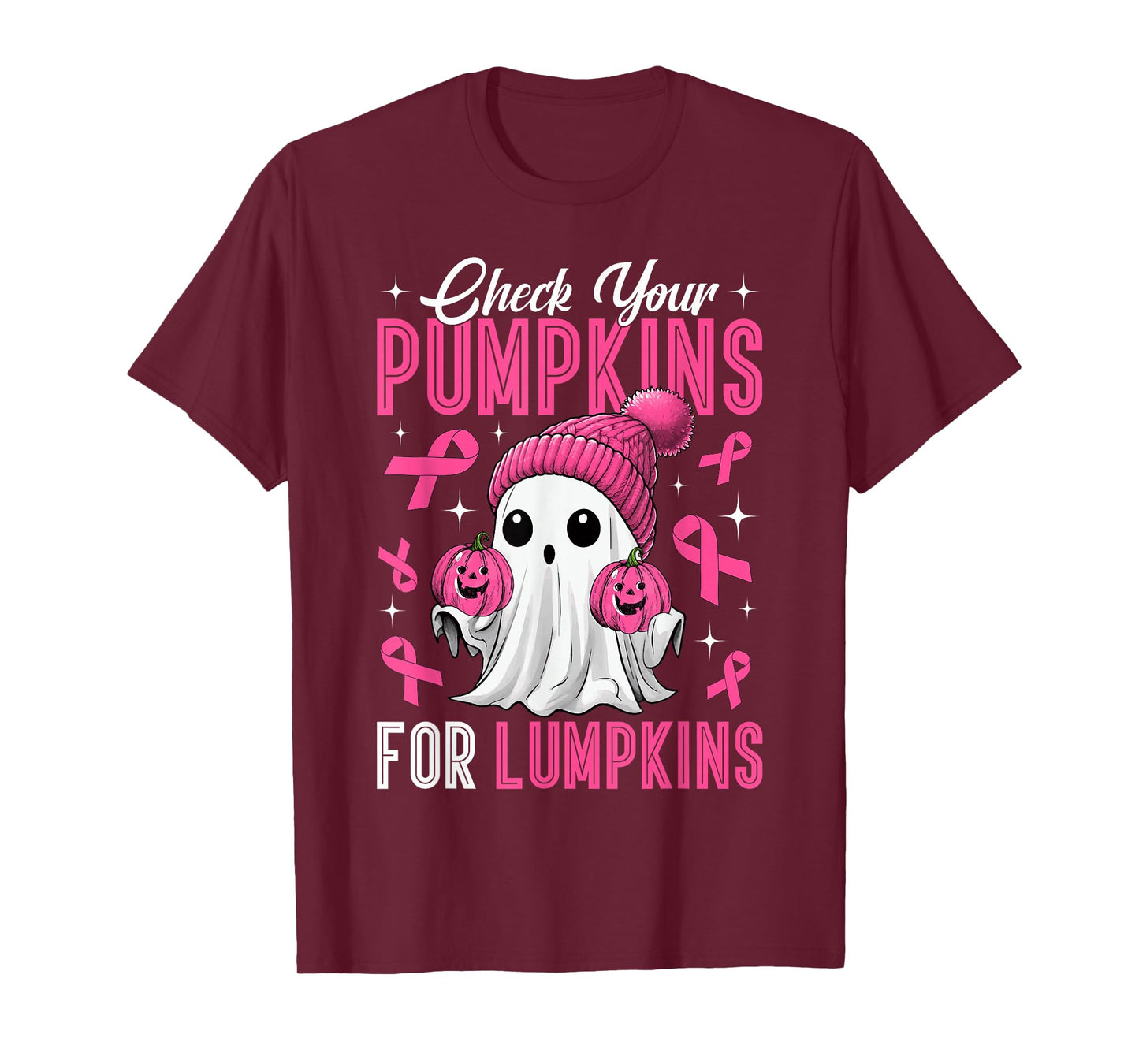 Check Your Pumpkins for Lumpkins Breast Cancer Ghost Women T-Shirt