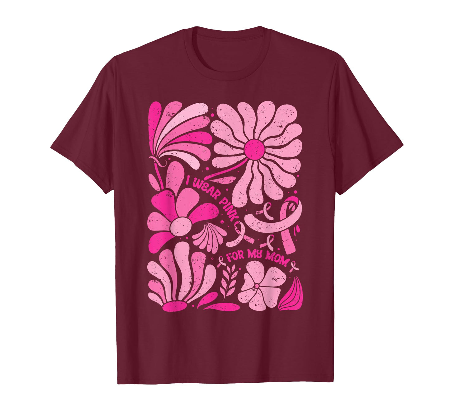 I Wear Pink for My Mom Breast Cancer Boho Floral Pink Ribbon T-Shirt