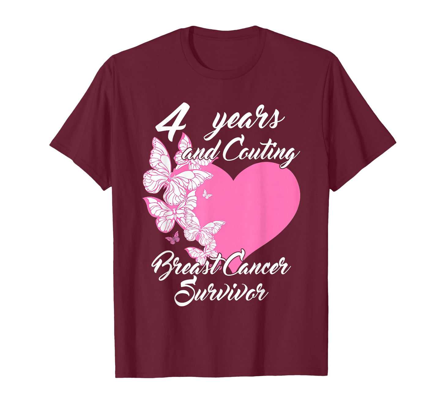 Survivor 4 Years Cancer Free Breast Cancer Butterfly Heart T-Shirt