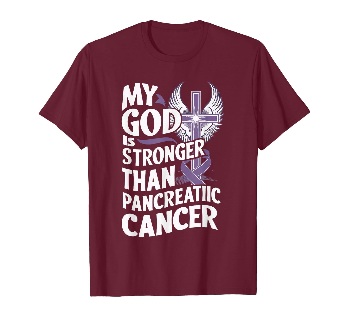 My God Is Stronger Than Pancreatic Cancer Purple Ribbon T-Shirt