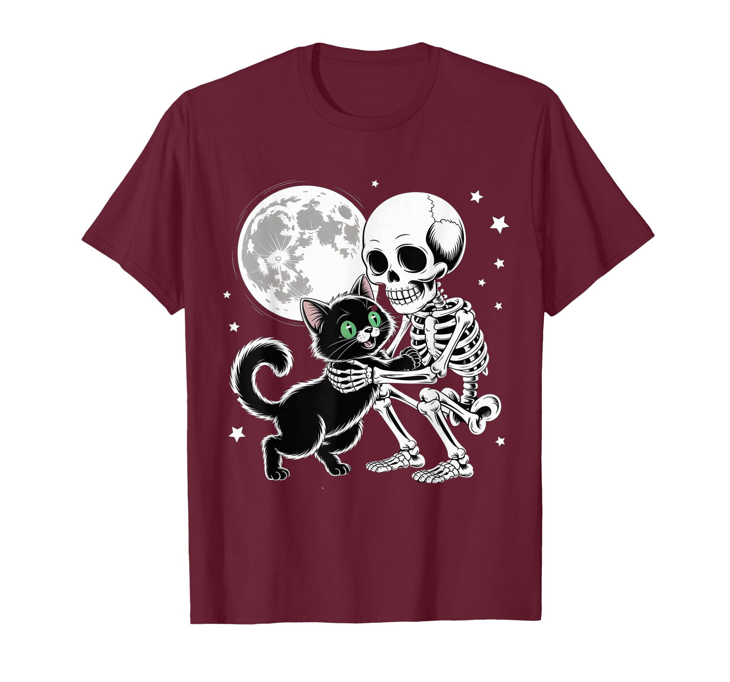 Skeleton Hugging Black Cat Under Full Moon Halloween T-Shirt