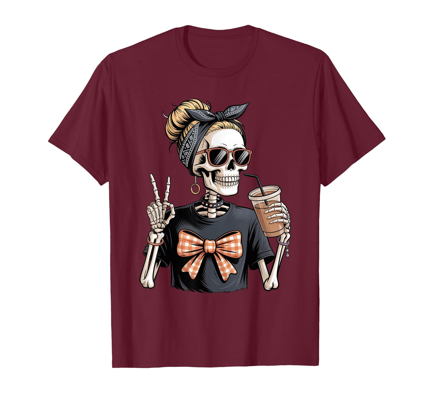 Skeleton Girl Drinking Coffee Peace Sign Graphic for Women T-Shirt