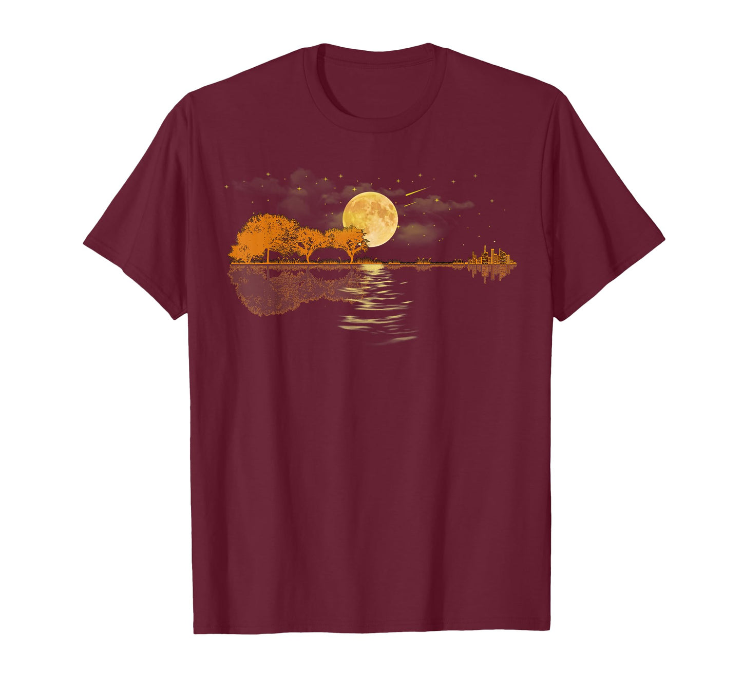 Guitar Moonlight Nature Lake Shadow, Musician Black Unisex-Adults T-Shirt
