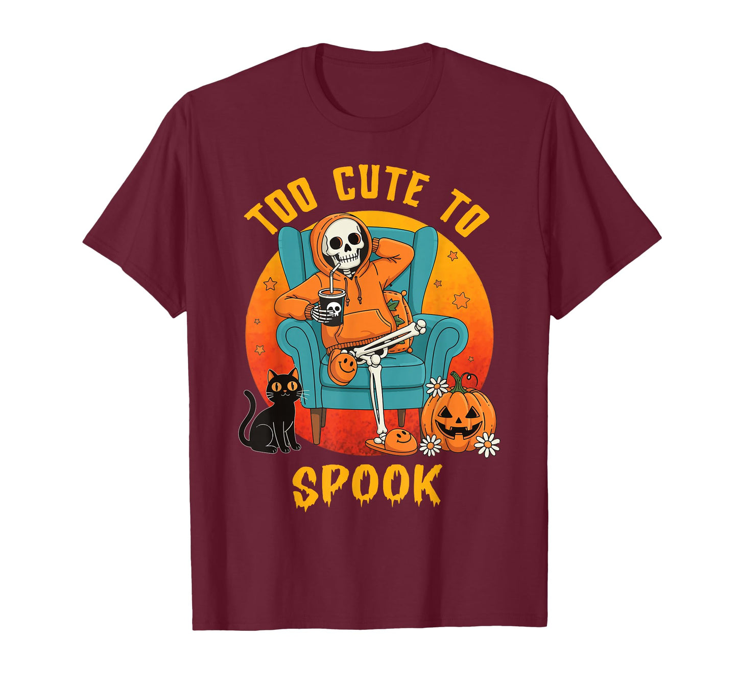 Too Cute to Spook Skeleton Halloween Black Cat Lover Mom Dad T-Shirt