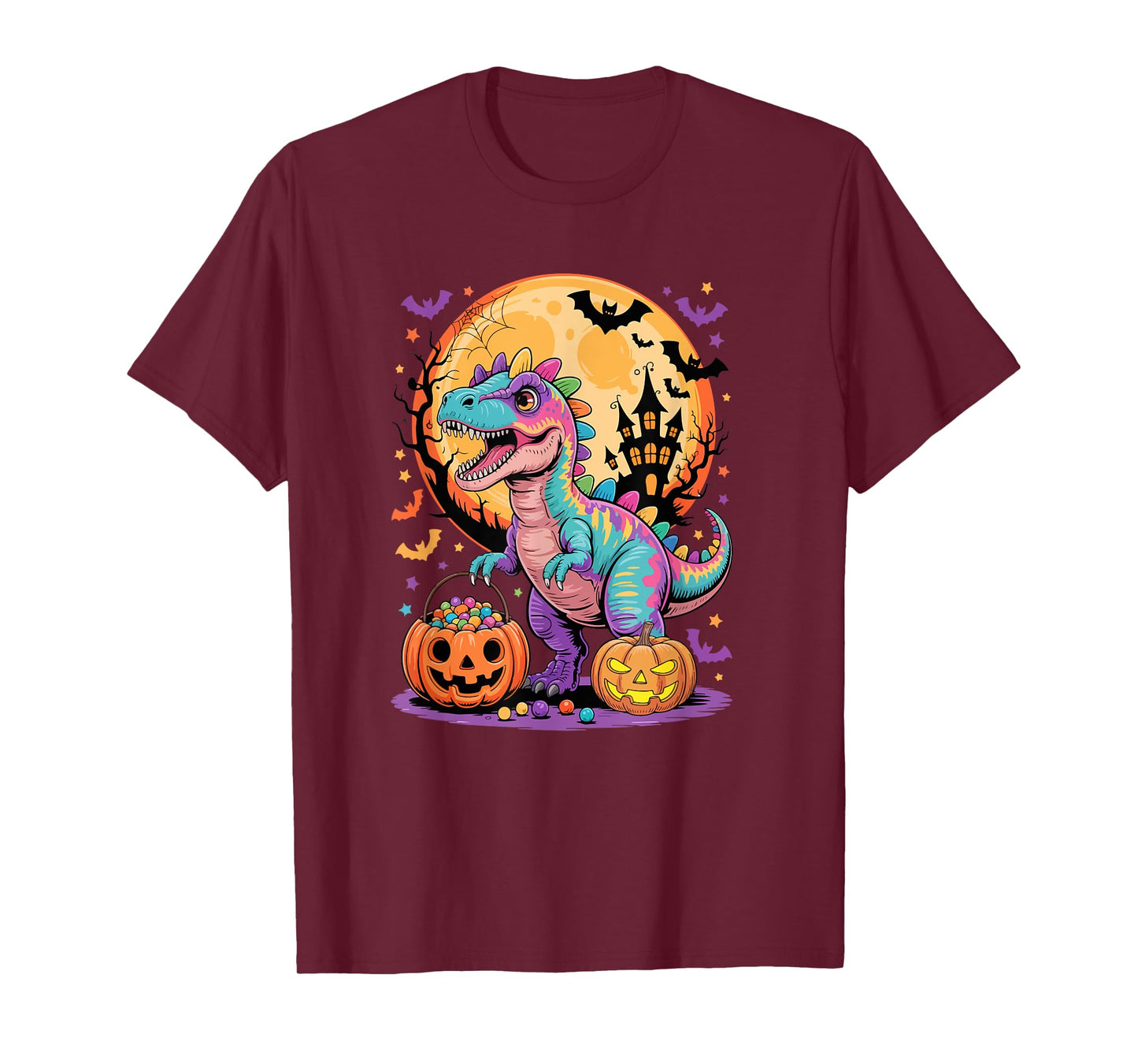 Colorful T-Rex Carved Pumpkin Basket Candies Lover Kids T-Shirt