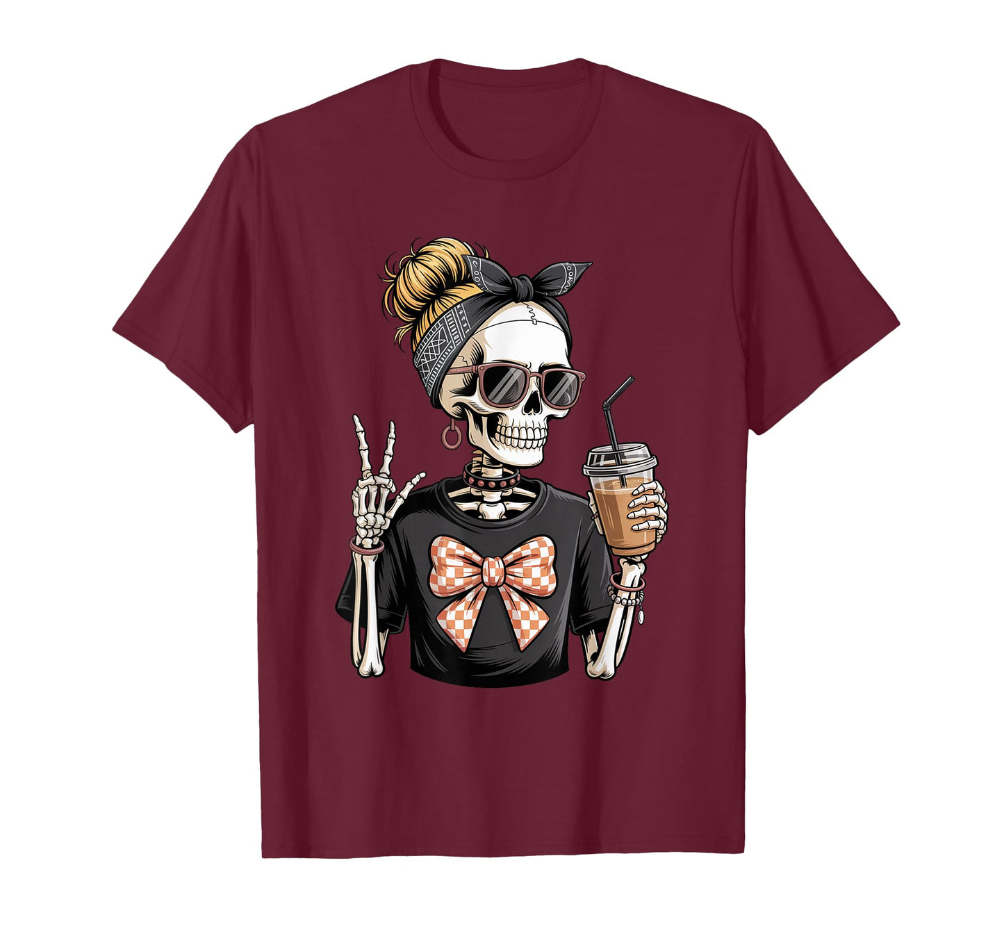 Skeleton Girl Drinking Coffee Peace Sign Graphic for Women T-Shirt