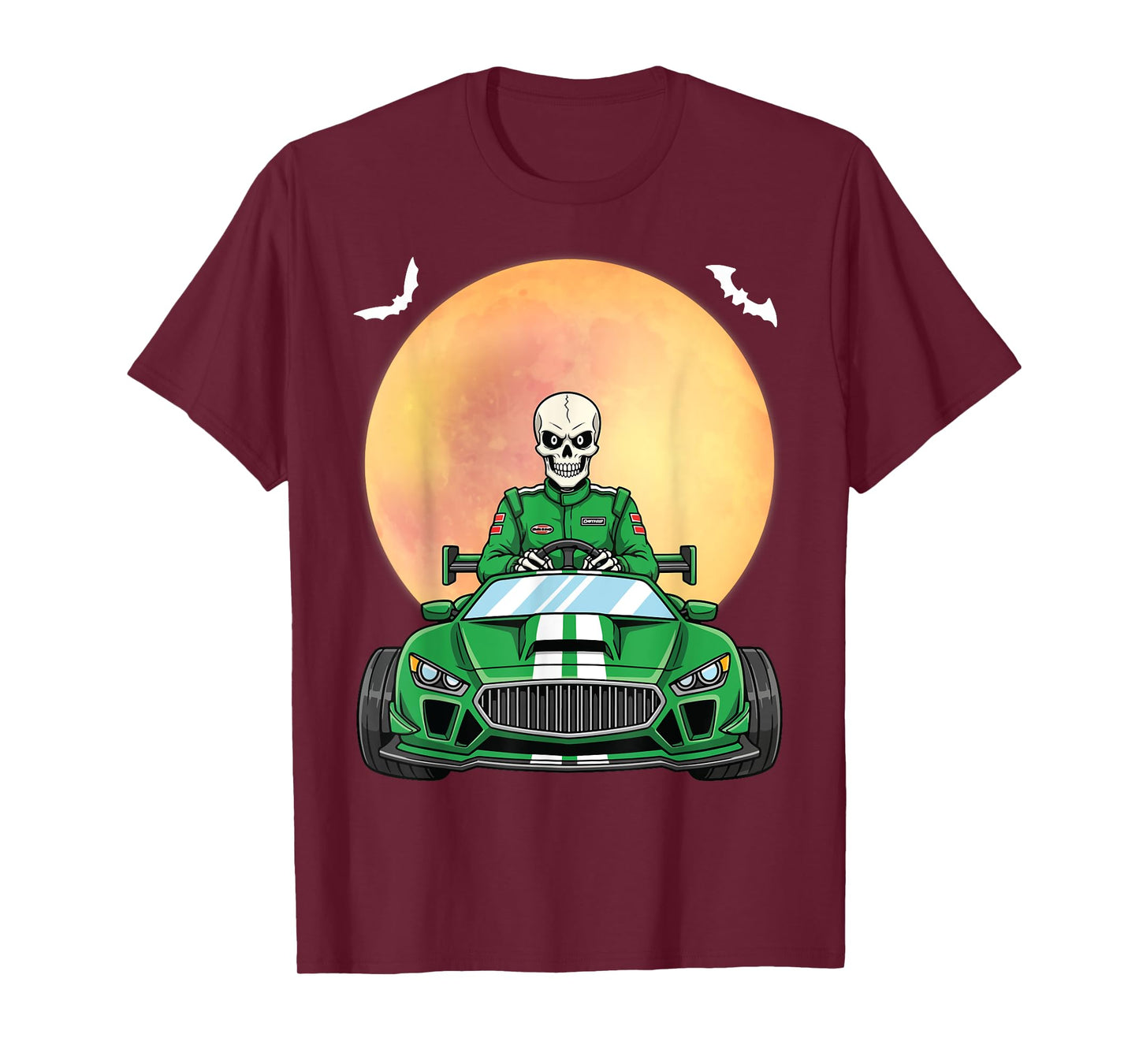 Funny Skeleton Racer Auto Racing Halloween Under Full Moon T-Shirt