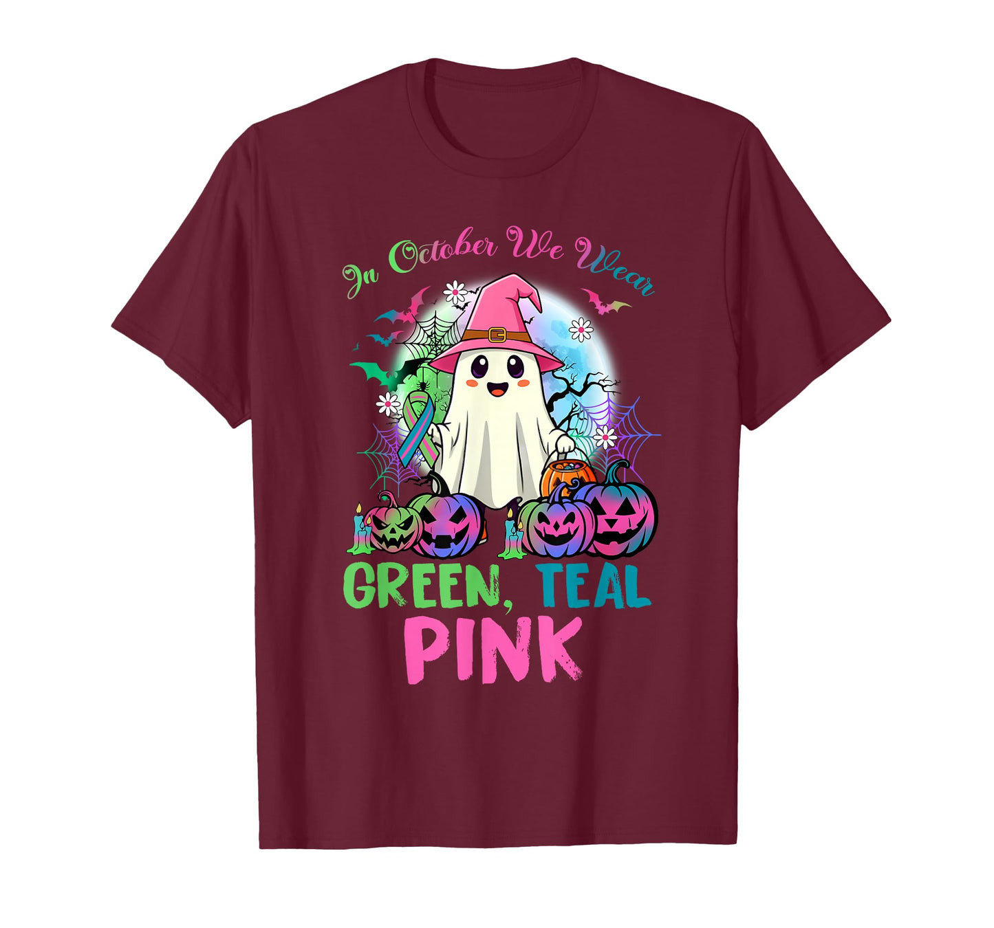 in October We Wear Teal Pink Halloween Metastatic Breast Can T-Shirt