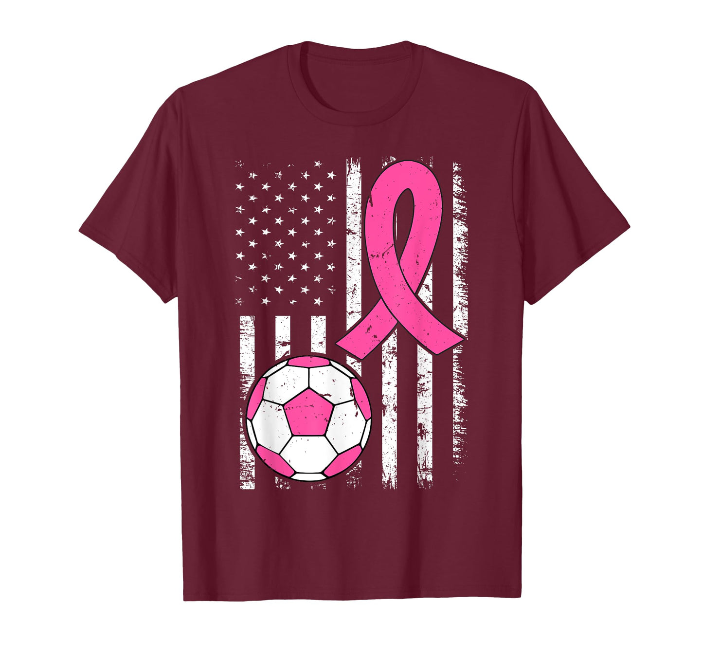 Soccer Ball Ribbon US Flag Breast Cancer Awareness Pink T-Shirt
