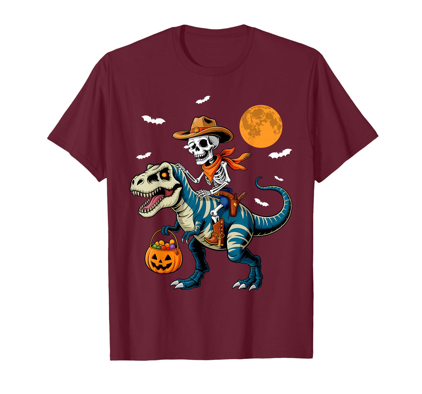 Skeleton Riding Mummy Dinosaur T-rex Funny Halloween Pumpkin T-Shirt