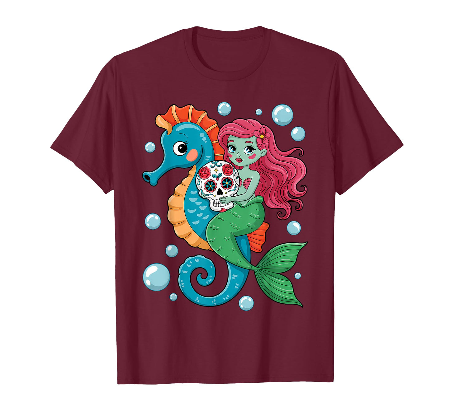 Halloween Skeleton Mermaid Sugar Skull Sea Horse T-Shirt