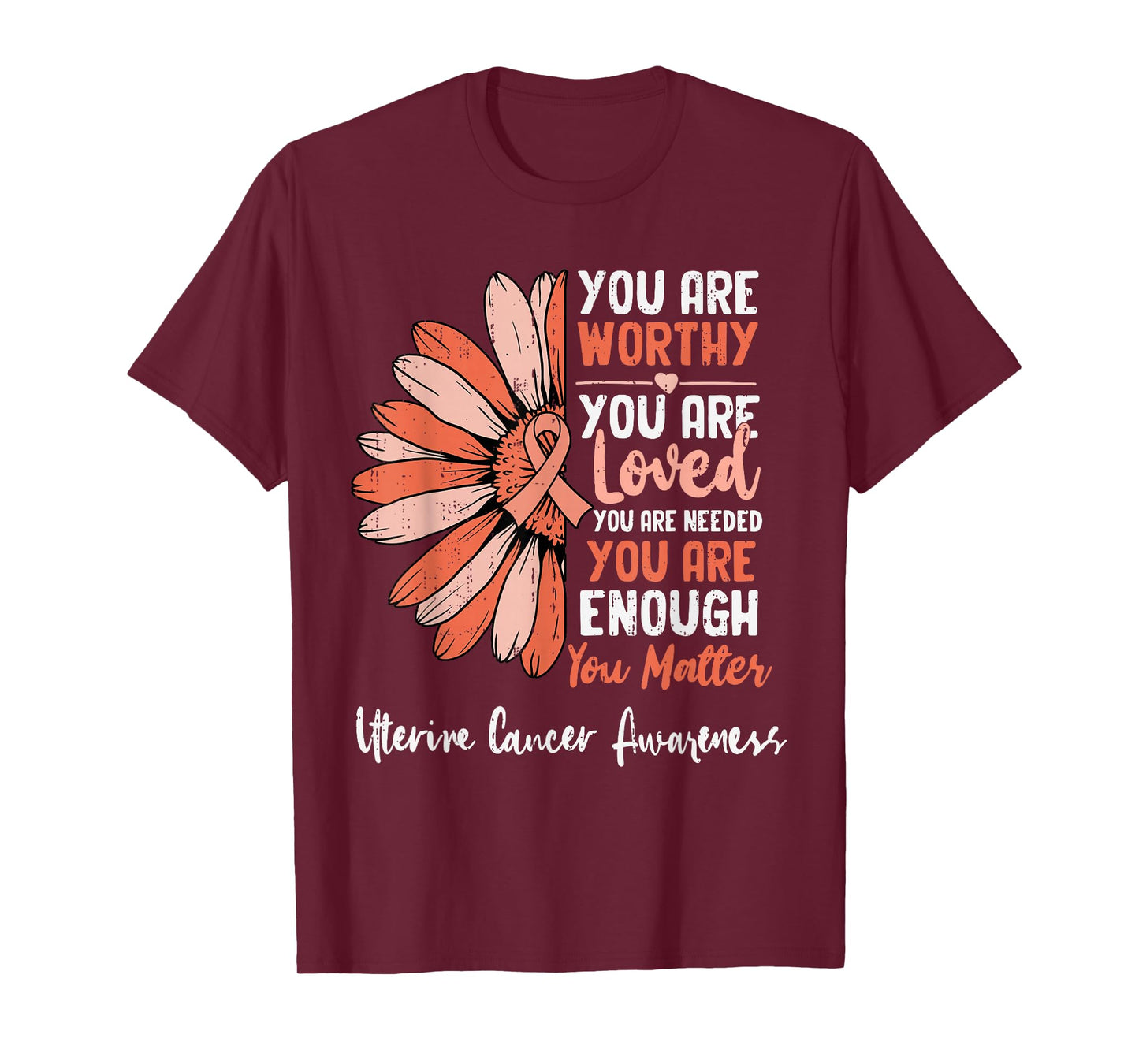 Motivational Uterine Cancer Awareness Sunflower Ribbon Peach T-Shirt