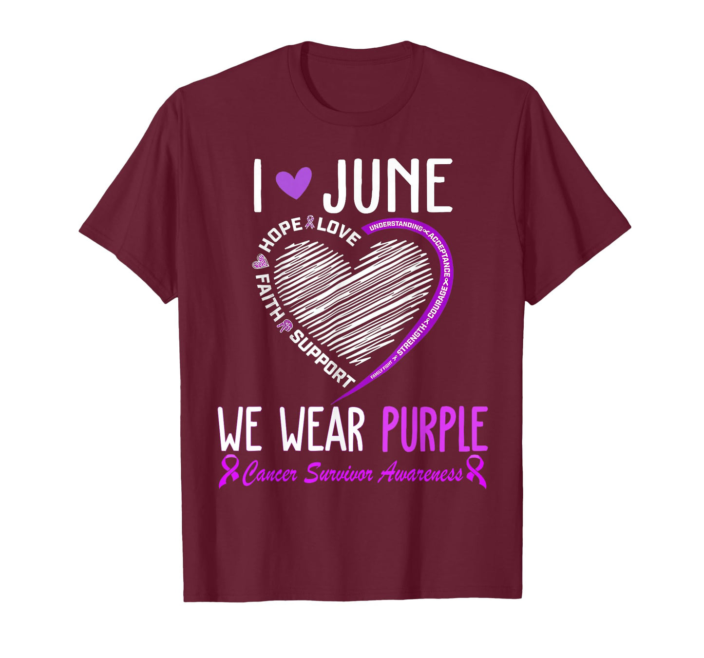 In June We Wear Purple Cancer Survivor Awareness Heart T-Shirt