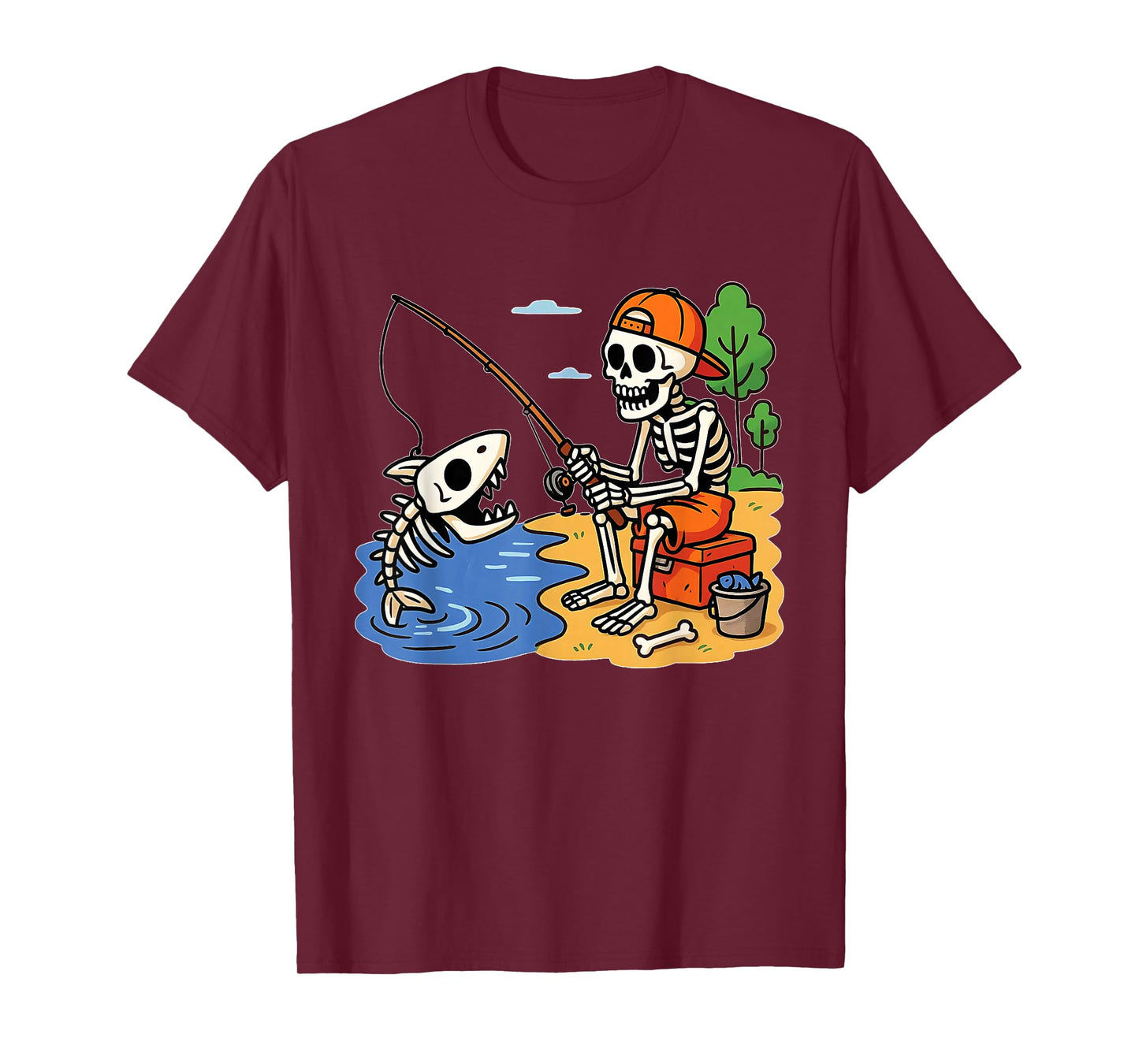 Skeleton Fishing a Shark Halloween Costume Funny Fishing T-Shirt