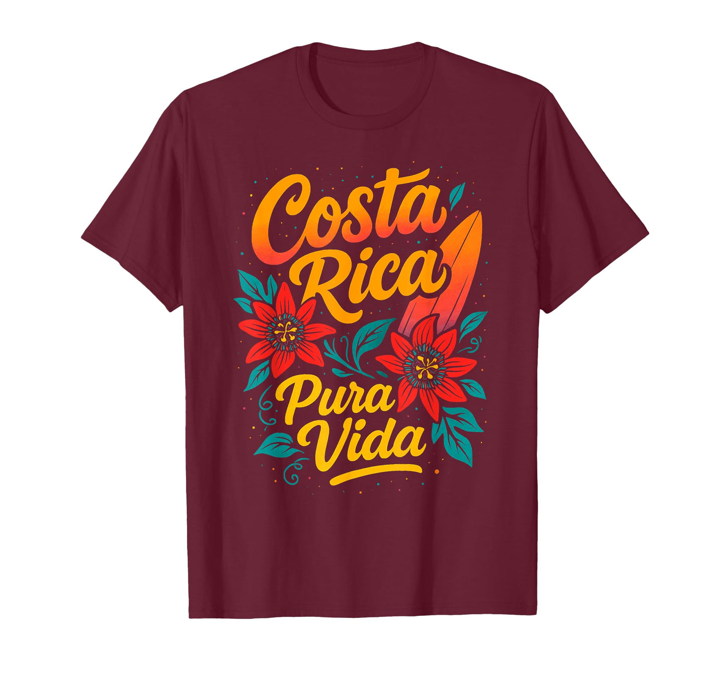 Costa Rica Pura Vida Surfboard Red Passionflowers T-Shirt