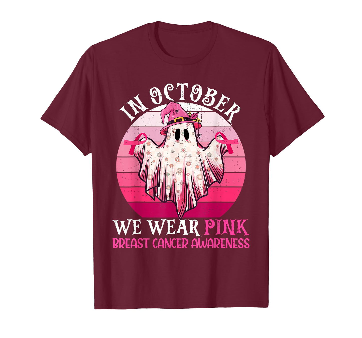 In October We Wear Pink Ribbon Breast Cancer Ghost Halloween T-Shirt
