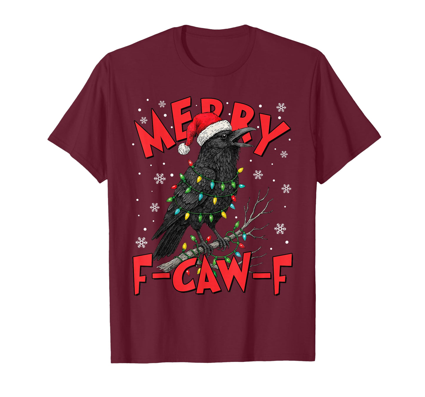 Merry F-Caw-F Crow Santa Hat Lights Funny Christmas Pun T-Shirt