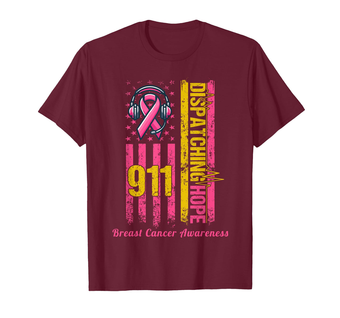 911 Dispatcher Breast Cancer Awareness American Flag T-Shirt