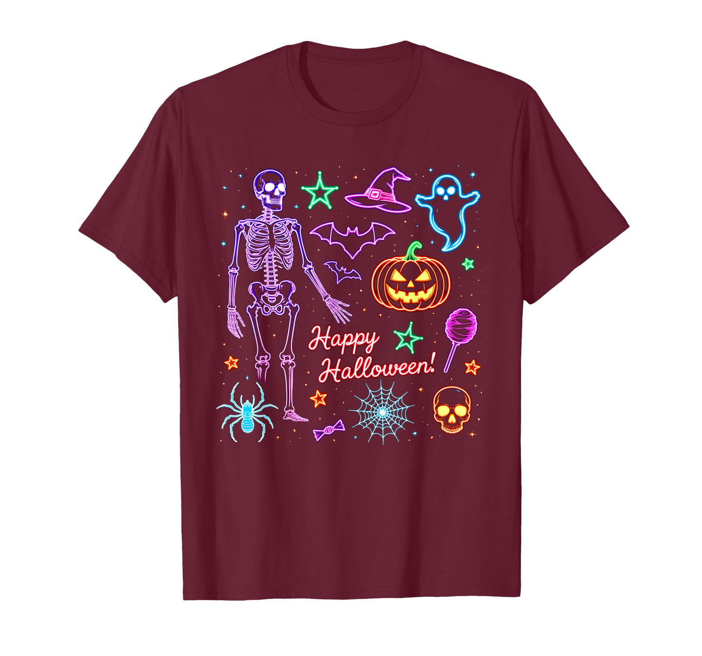 Happy Halloween 2025 Skeleton Ghost Pumpkin Bats Black Cat T-Shirt