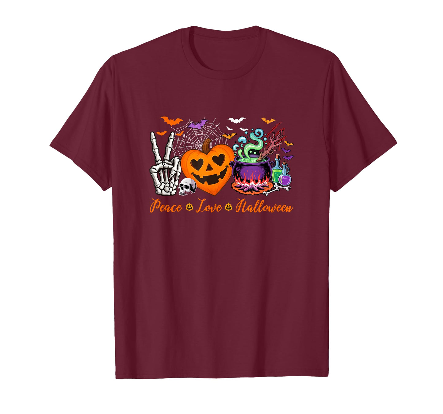 Peace Love Halloween Skeleton Hand Horror Heart Shape T-Shirt