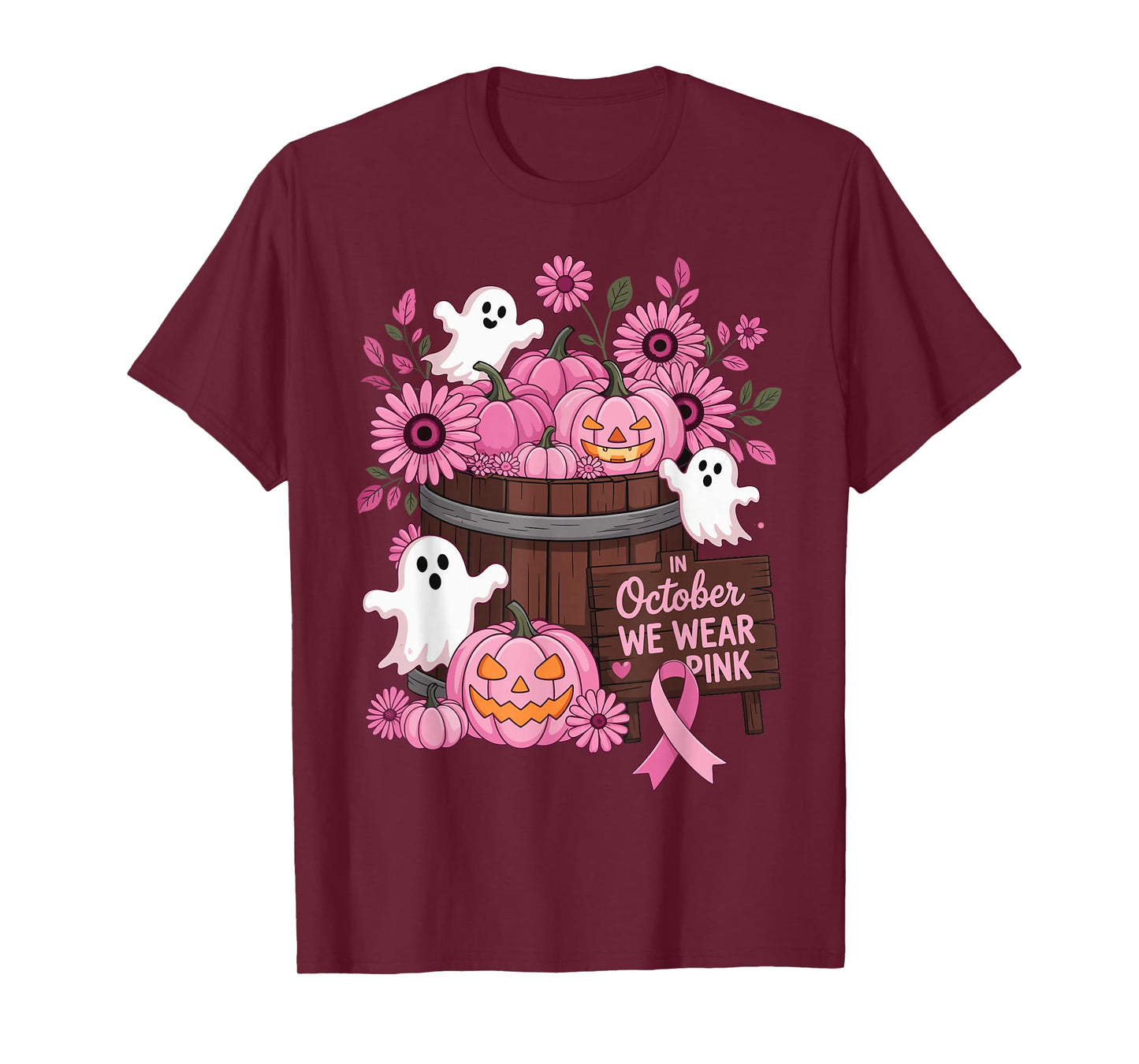 in October We Wear Pink Pumpkin Ghost Breast Cancer Survivor T-Shirt
