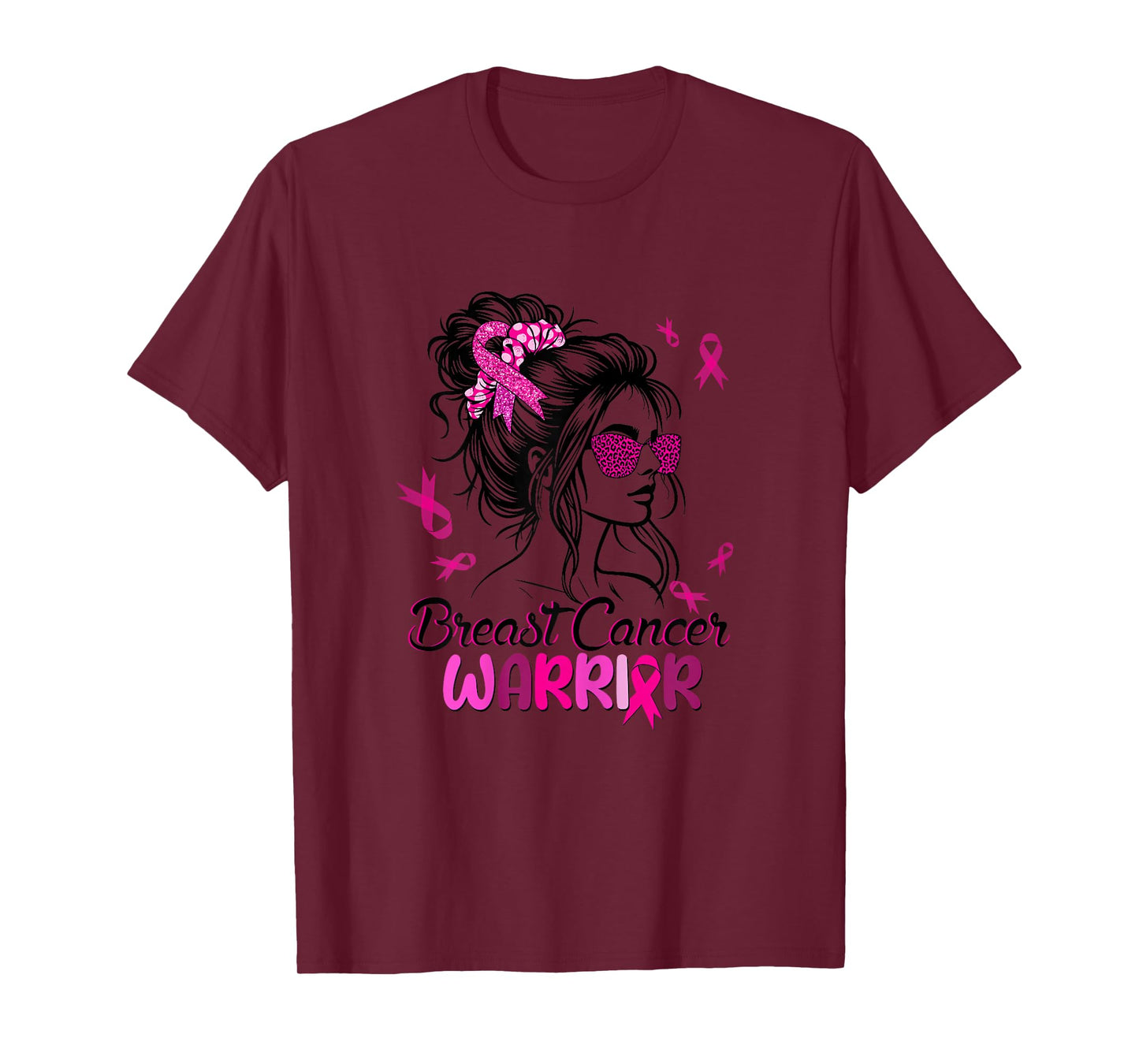 Pink Messy Bun Ribbon Breast Cancer Warrior Survivor Women T-Shirt