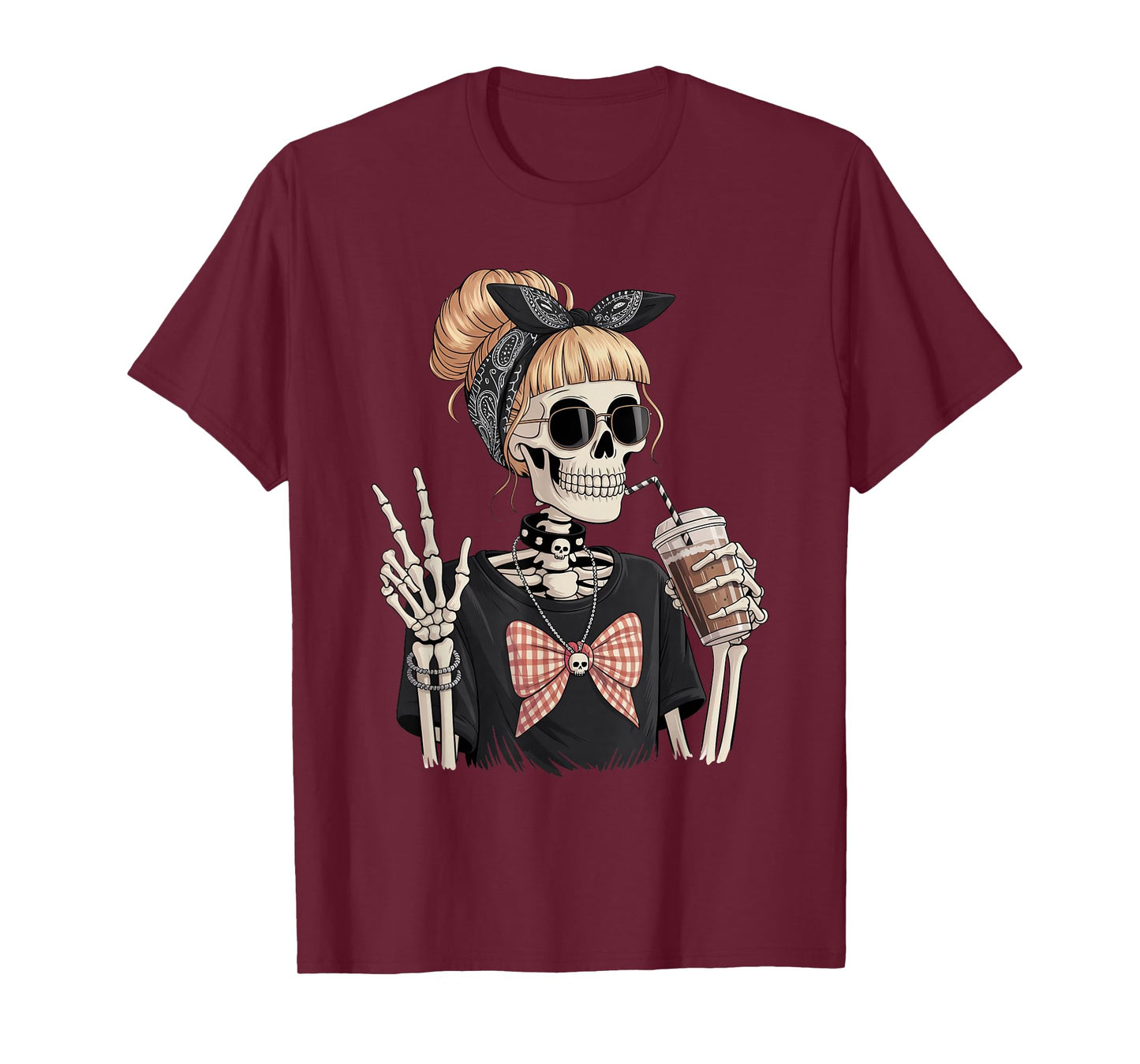 Skeleton Girl Drinking Coffee Peace Sign Graphic for Women T-Shirt