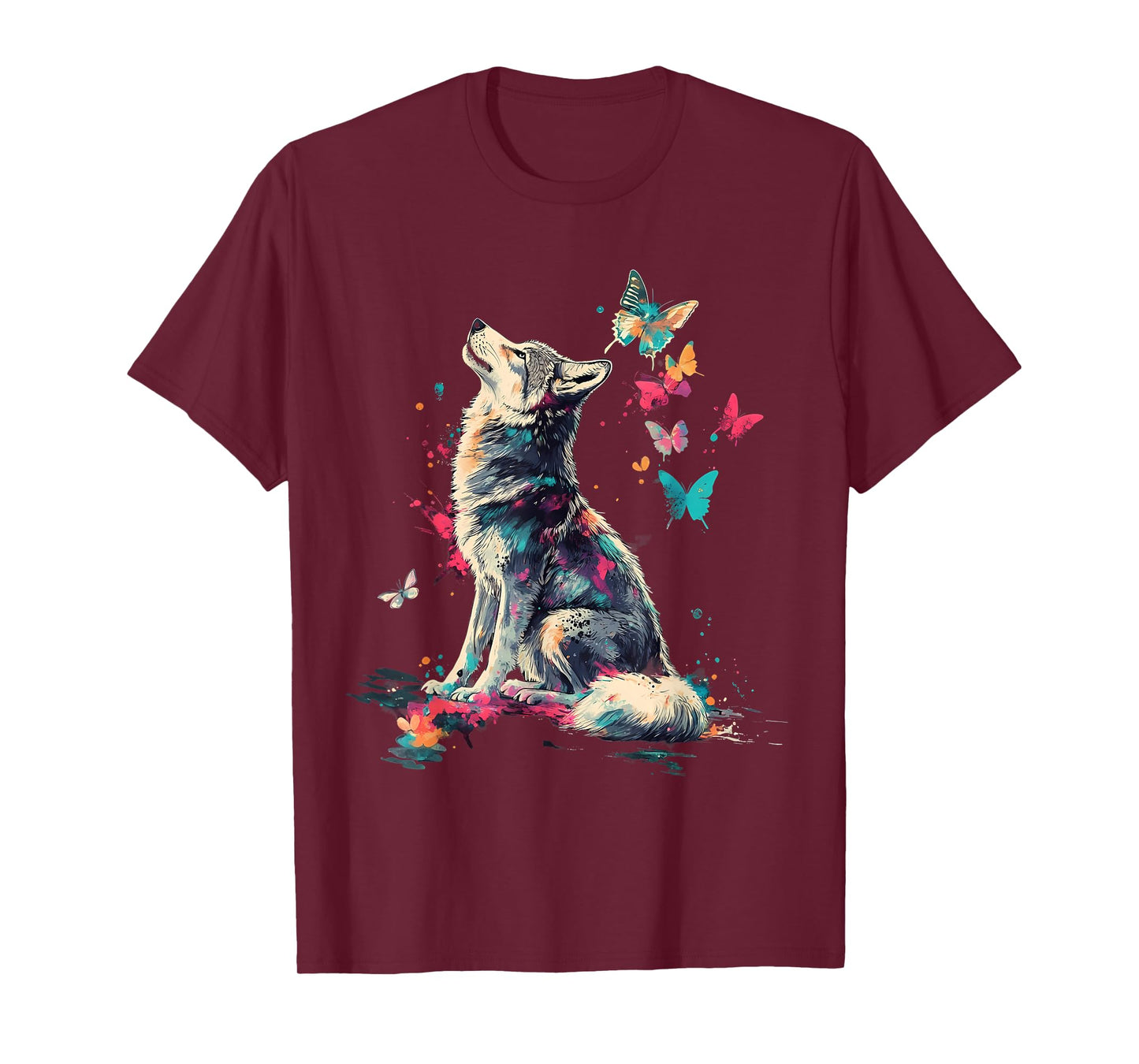 Wolf Art Animal Butterflies T-Shirt